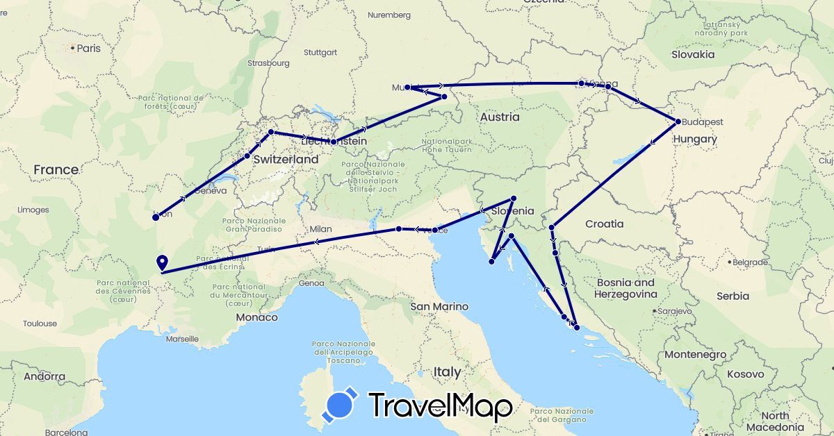 TravelMap itinerary: driving in Austria, Switzerland, Germany, France, Croatia, Hungary, Italy, Liechtenstein, Slovenia, Slovakia (Europe)